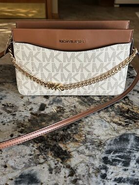 Michael Kors Cream & Brown Logo Chain Crossbody Bag